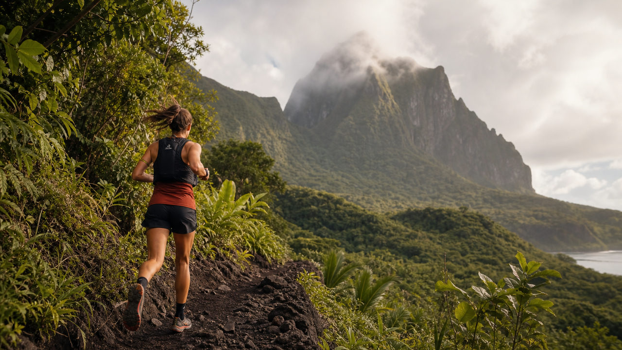 Coureur de trail sur un sentier volcanique entouré de végétation tropicale à La Réunion