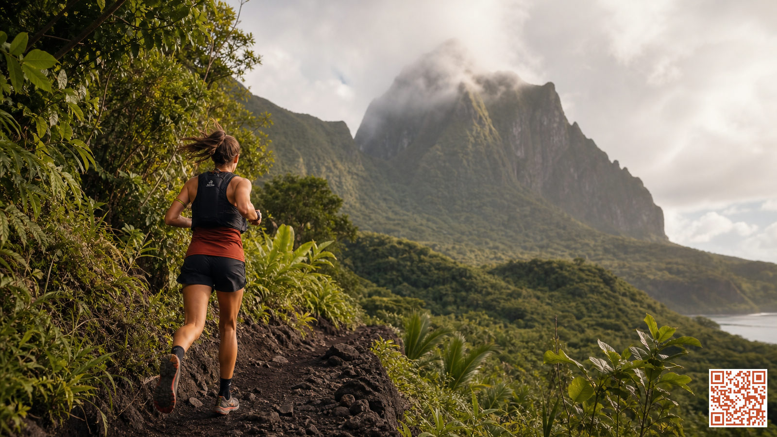 Coureur de trail sur un sentier volcanique entouré de végétation tropicale à La Réunion