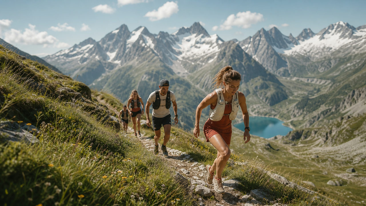 Coureurs de trail en montagne alpine avec sommets enneigés et prairies vertes en arrière-plan
