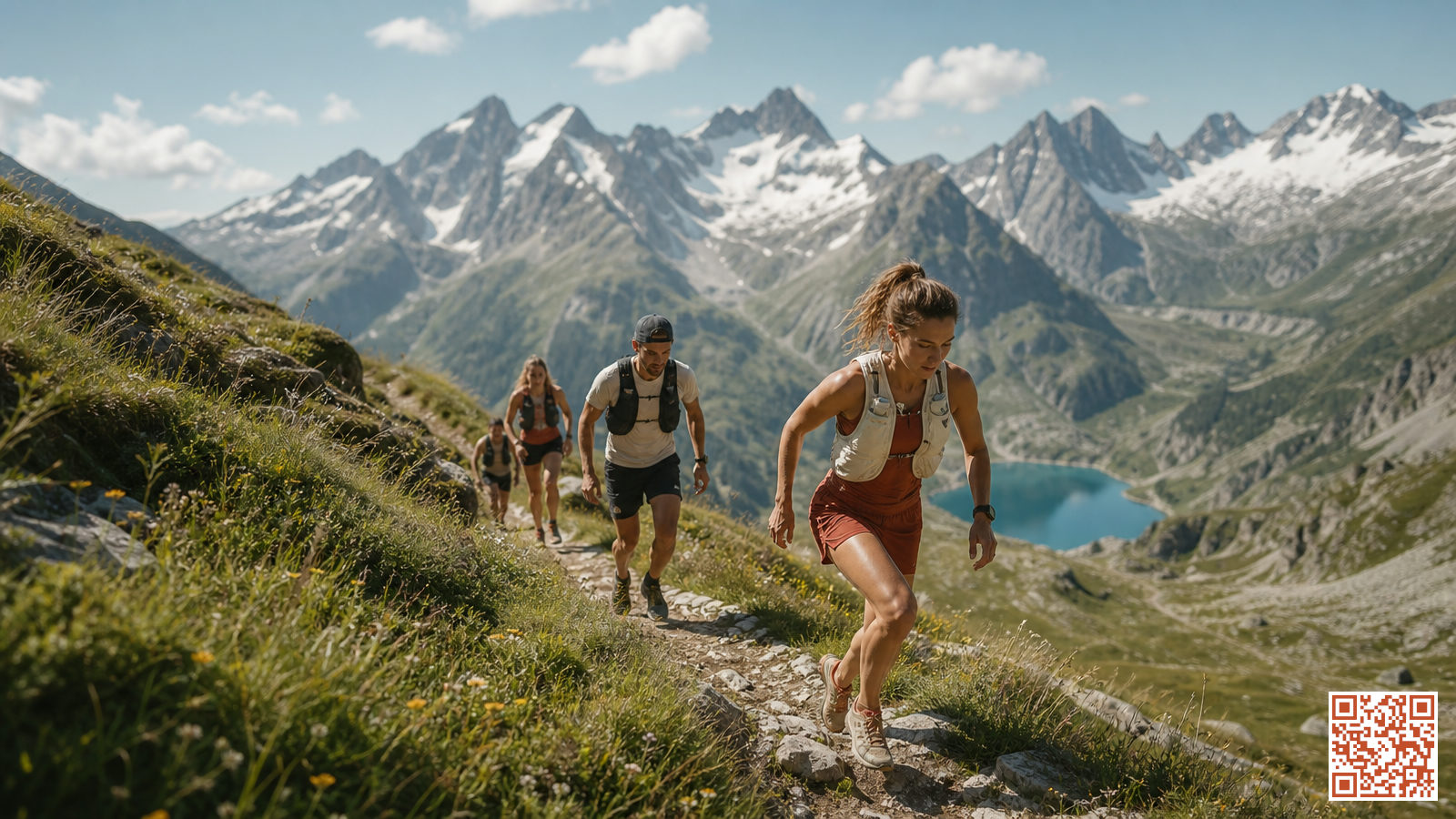 Coureurs de trail en montagne alpine avec sommets enneigés et prairies vertes en arrière-plan