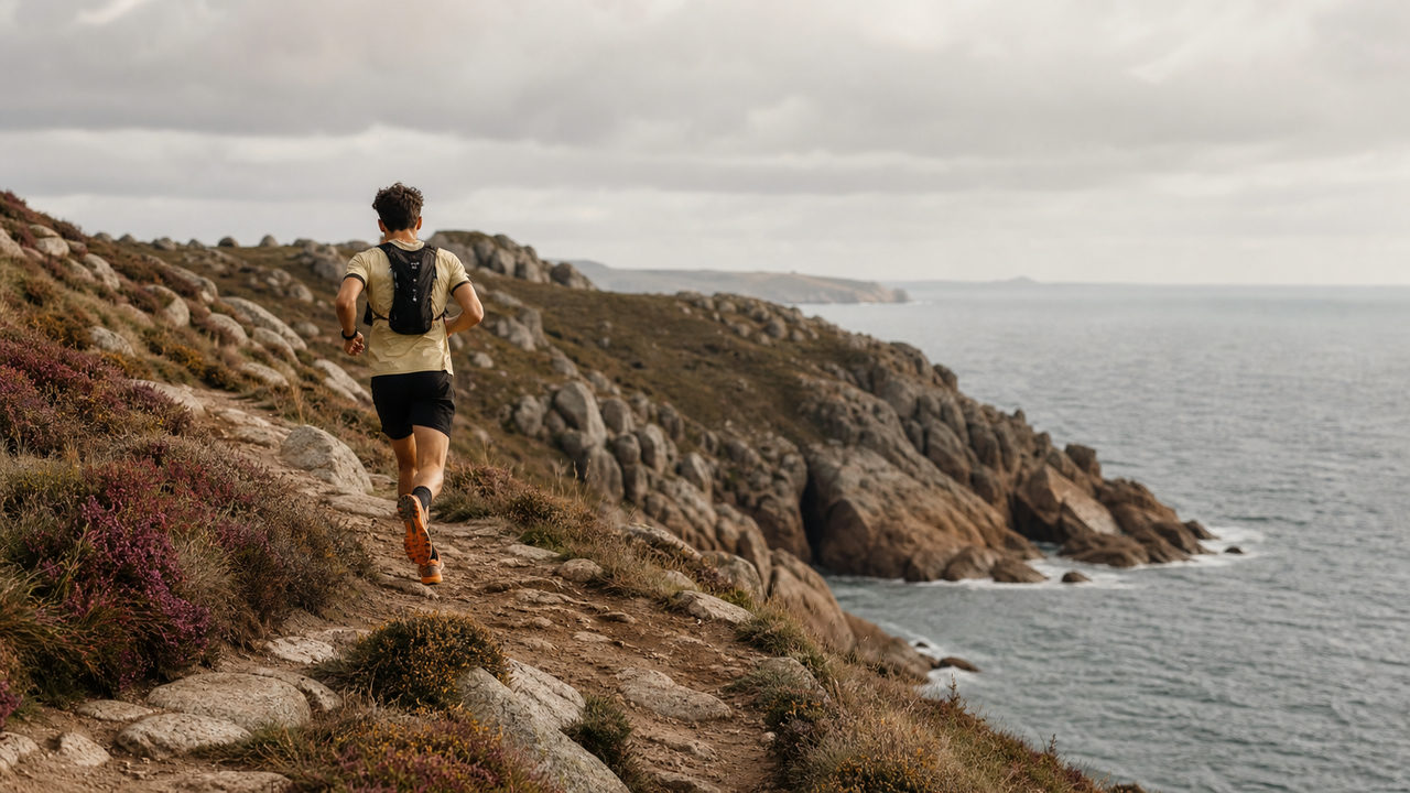 Coureur de trail sur un sentier côtier rocheux en Bretagne, falaises de granite et landes en arrière-plan