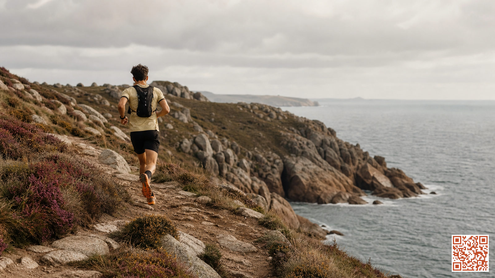 Coureur de trail sur un sentier côtier rocheux en Bretagne, falaises de granite et landes en arrière-plan