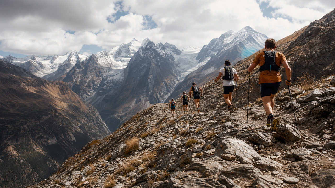 Coureurs sur un sentier de haute montagne lors d'un trail mythique en France, avec des sommets enneigés en arrière-plan