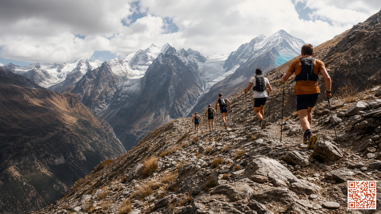 Coureurs sur un sentier de haute montagne lors d'un trail mythique en France, avec des sommets enneigés en arrière-plan