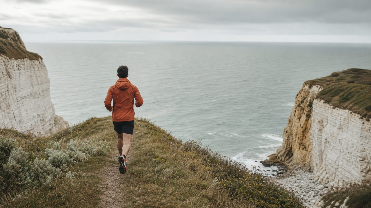 Traileur sur le sentier des falaises de la Côte d'Opale entre le cap Gris-Nez et le cap Blanc-Nez