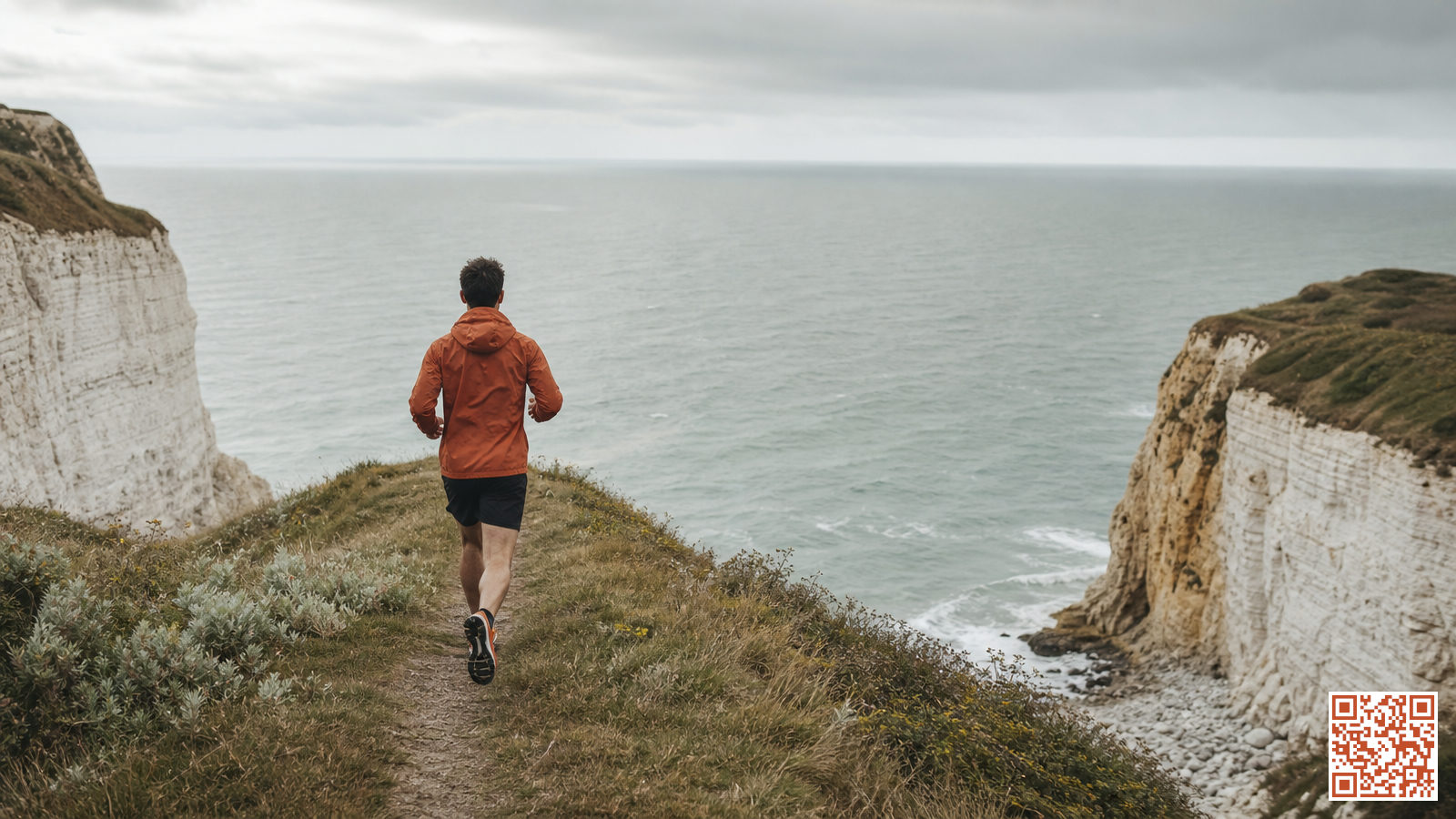 Traileur sur le sentier des falaises de la Côte d'Opale entre le cap Gris-Nez et le cap Blanc-Nez