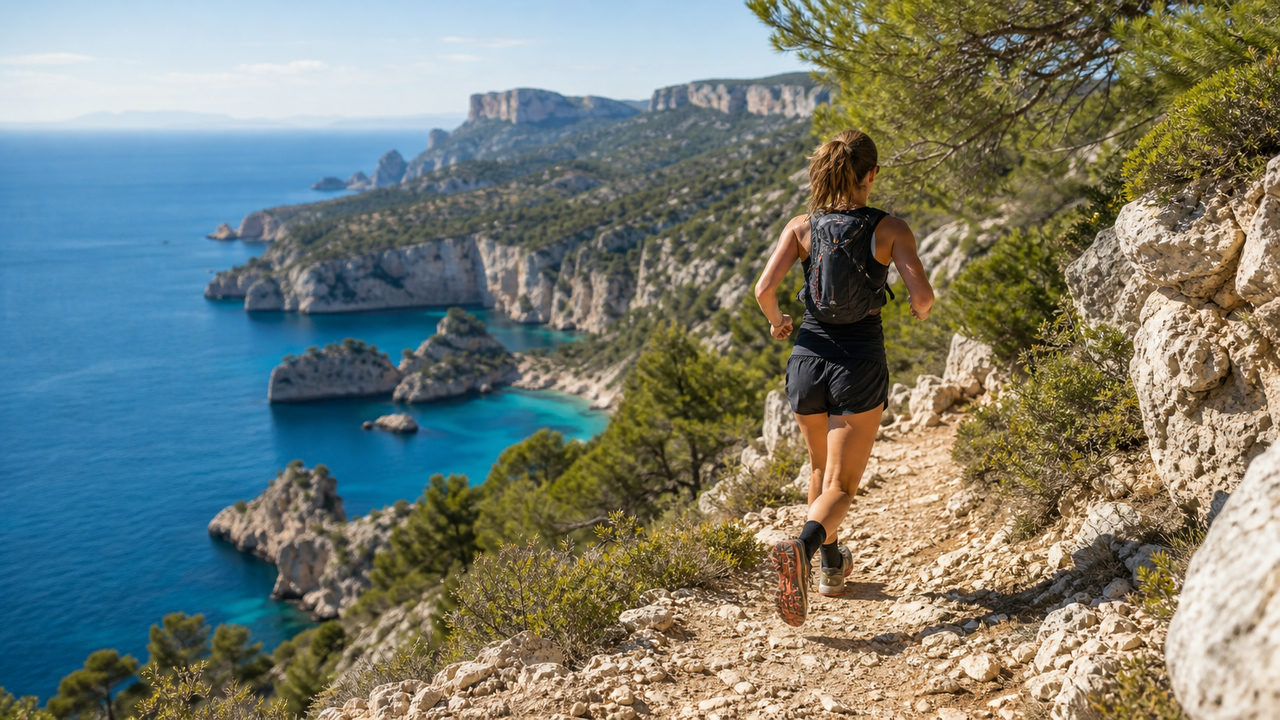 Sentier de trail calcaire dominant les calanques avec vue sur la mer Méditerranée