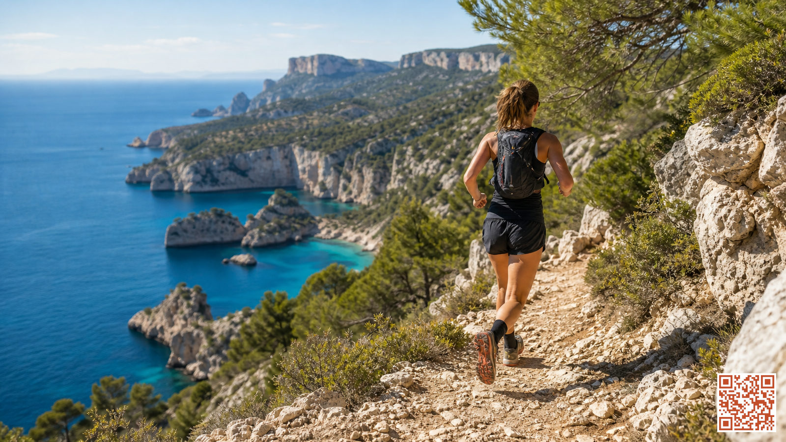 Sentier de trail calcaire dominant les calanques avec vue sur la mer Méditerranée