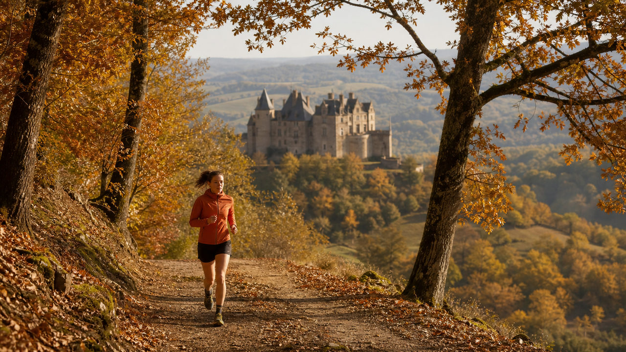 Sentier de trail en forêt de châtaigniers en automne avec un château médiéval en arrière-plan, paysage du Sud-Ouest français