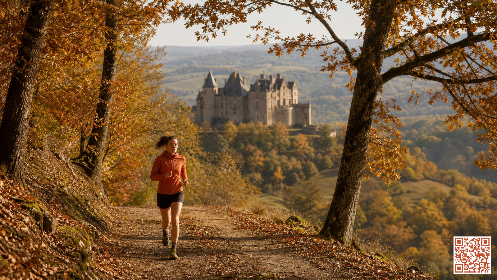 Sentier de trail en forêt de châtaigniers en automne avec un château médiéval en arrière-plan, paysage du Sud-Ouest français