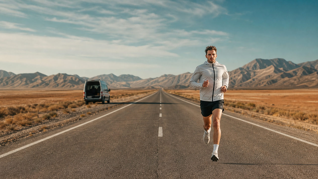 Coureur solitaire sur une longue route droite s'étendant vers l'horizon, avec un véhicule de soutien stationné sur le bas-côté en arrière-plan et un paysage de plaines ouvertes