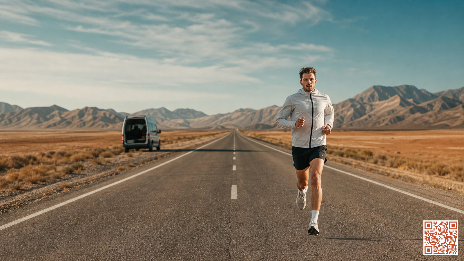 Coureur solitaire sur une longue route droite s'étendant vers l'horizon, avec un véhicule de soutien stationné sur le bas-côté en arrière-plan et un paysage de plaines ouvertes