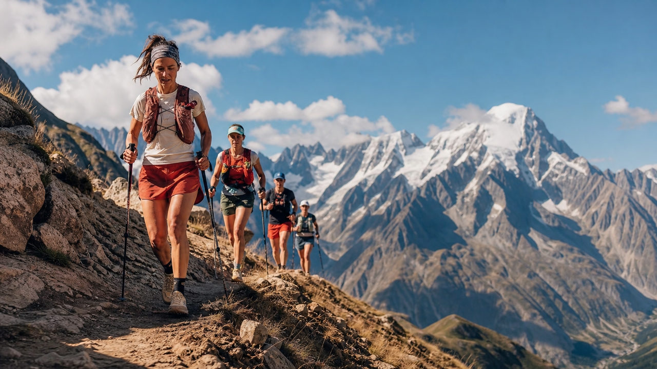 Coureurs sur le parcours de l'UTMB avec les sommets enneigés du massif alpin en arrière-plan