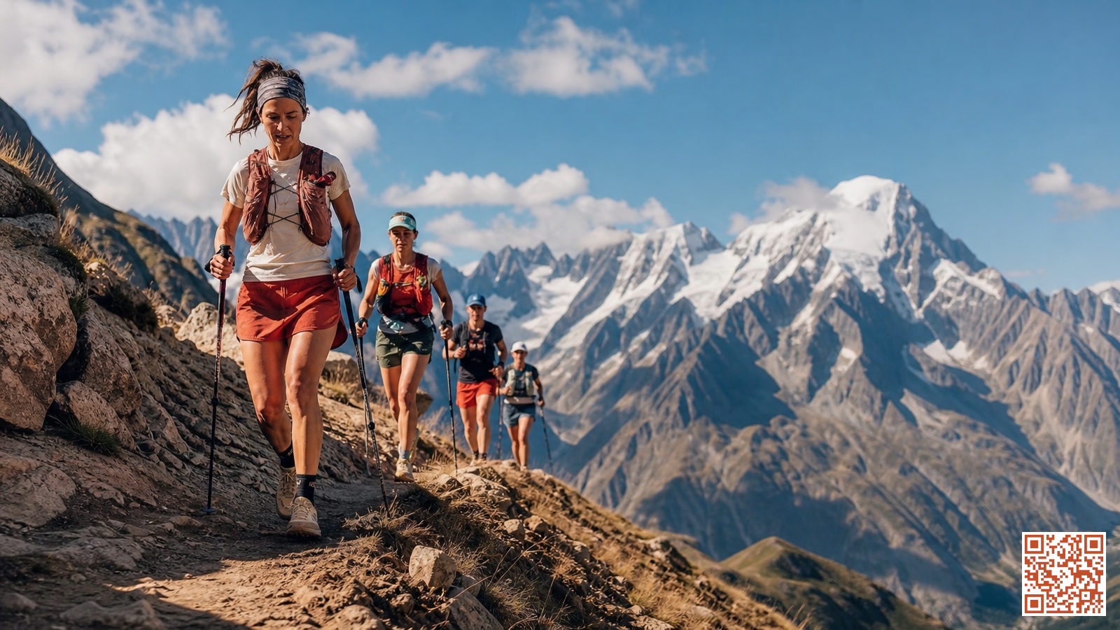 Coureurs sur le parcours de l'UTMB avec les sommets enneigés du massif alpin en arrière-plan