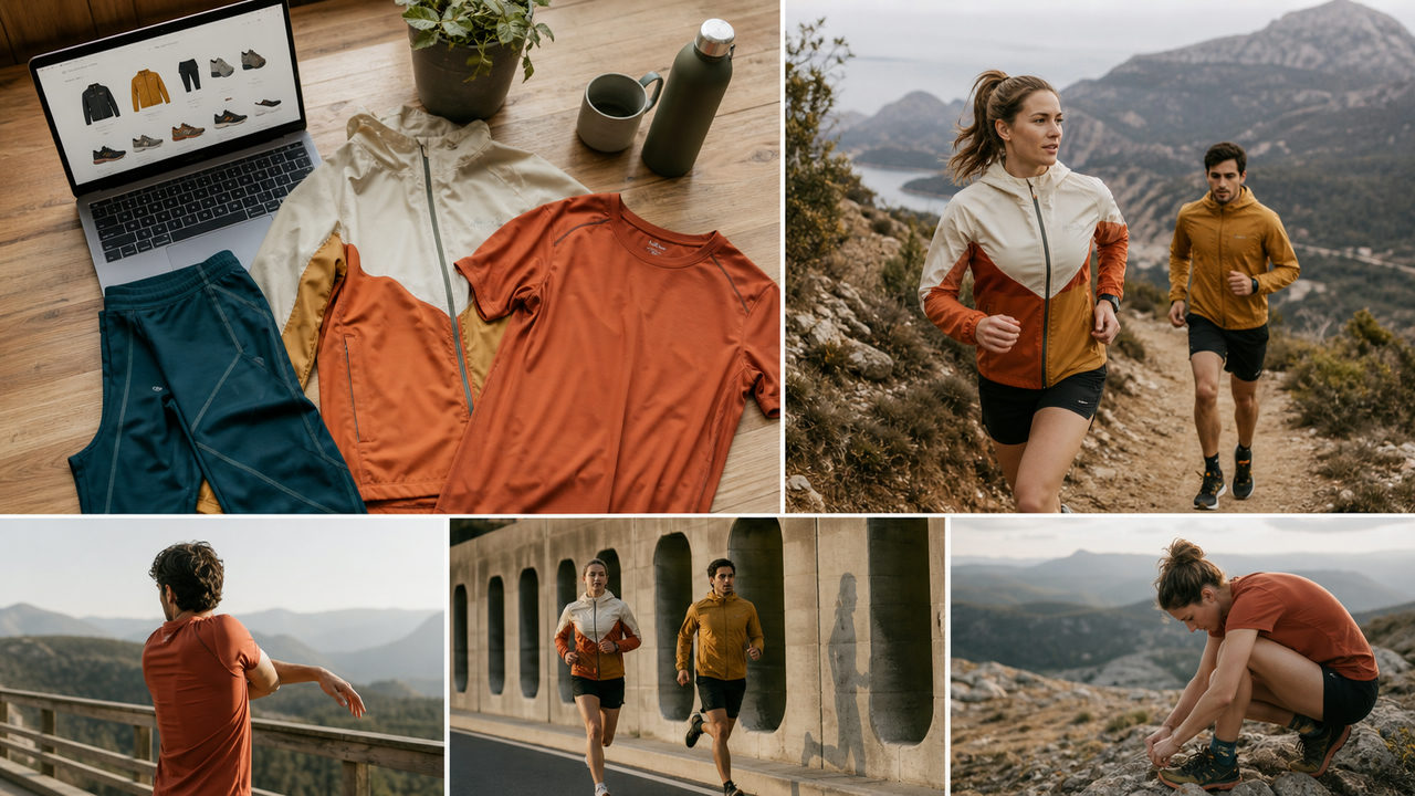 Vêtements de running techniques disposés près d'un ordinateur ouvert sur une boutique en ligne