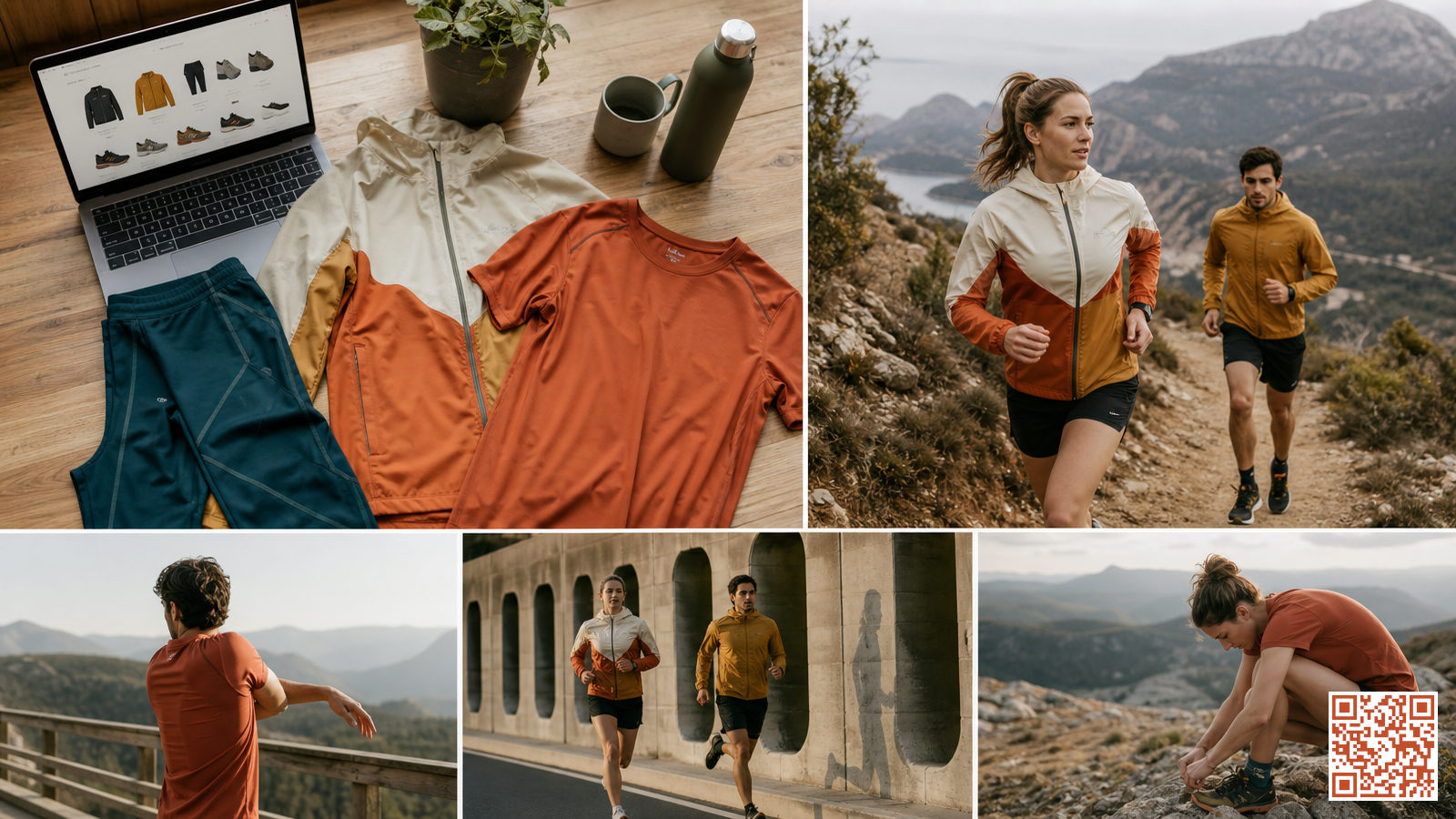 Vêtements de running techniques disposés près d'un ordinateur ouvert sur une boutique en ligne